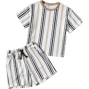 Floerns Toddler Boy's 2 Piece Outfit Athletic Stripe Short Sleeve T Shirt Shorts Set