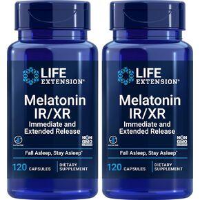 Life Extension Melatonin IR/XR, 120 Capsules (Pack of 2) - Immediate & Extended-Release for 7 Hours Support - Night Time Supplement - Stay Asleep All Night Long - Non-GMO, Gluten-Free