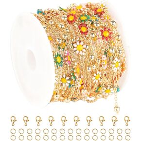 YOUBEIYEE 16.4 Feet Colorful Daisy Chain Necklace DIY for Women Gold Plated Brass Cross Chain with Bead Jewelry Chain Roll Jewelry Supplies Findings