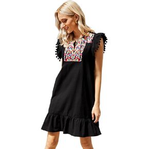Women's Boho Babydoll Dress Flutter Sleeve V Neck Embroidered Ruffle Mini Dress Mexican Fiesta Dress