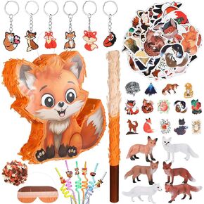 Chivertion Fox Pinata Set with Blindfold Confetti and Stick for Fox Themed Party Include 6 Fox Key Chains 6 Straws 6 Fox Model 50 Temporary Tattoos for Woodland Animal Carnival Birthday Party Supplies