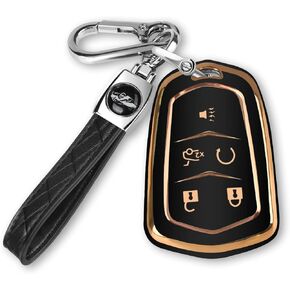 For Cadillac Key Fob Cover with Keychain TPU Protector Suitable for Cadillac Escalade CTS SRX XT5 ATS STS CT6 Key Shell Case Holder (Black)