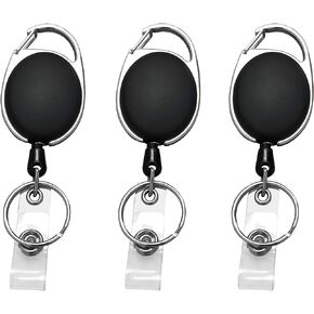 JIKIOU Retractable Badge Reel with Carabiner Belt Clip and Key Ring for ID Card Key Keychain Badge Holder Black 3 Pack