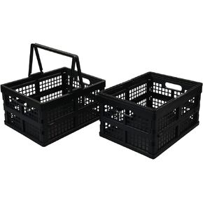 2-Pack Collapsible Plastic Crate, 15 L Stackable Folding Crates with Handle, Black