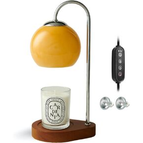 Modern Candle Warmer Lamp with Timer and Dimmer, Dimmable Electric Candle Lamp Warmer, Wax Melt Warmer, Glass with Wood Base, Home Decor Gifts 2 Bulbs Included (Beige and Natural Wood Base)