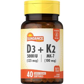 Sundance Vitamin D3 K2 | 40 Quick Release Softgels | 5000 IU | Non-GMO and Gluten Free Supplement