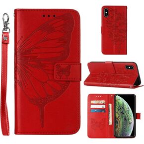 for iPhone X Case Wallet/iPhone Xs Wallet Case,[Kickstand][Wrist Strap][Card Holder Slots] Butterfly Floral Embossed PU Leather Flip Cover for iPhone X/XS (Black)