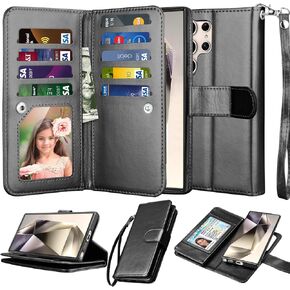 NJJEX Galaxy S24 Ultra Case, for Samsung Galaxy S24 Ultra Wallet Case, [9 Card Slots] PU Leather ID Credit Card Holder Folio Flip [Detachable] Kickstand Magnetic Phone Cover & Lanyard [Black]