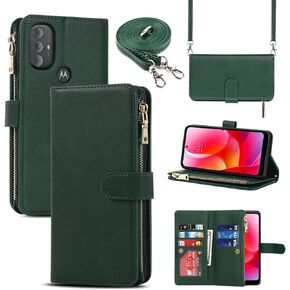 Jaorty Case for Motorola Moto G Pure (2021)/ Moto G Power (2022)/ Moto G Play (2023) Wallet Case,[9 Card Slots] Removable Adjustable Crossbody Necklace Lanyard Shoulder Strap Zipper Case 6.5",Black