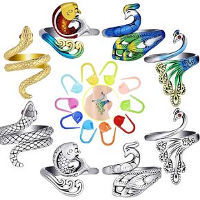 8-Piece Set of Adjustable Knitted Crochet Ring, Finger Guide Yarn Tension Ring, Colored Peacock Crochet Ring for Finger，Knitting Rings
