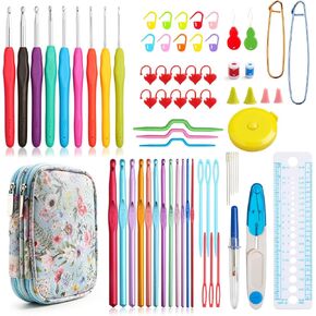 KOKNIT Crochet Hooks Set with Storage Case, Soft Grip Ergonomic Crochet Needles, Smooth Coloured Aluminum Yarn Crochet Hooks Crochet Kit with Crochet Tools Supplies and Accessories (Beginners)