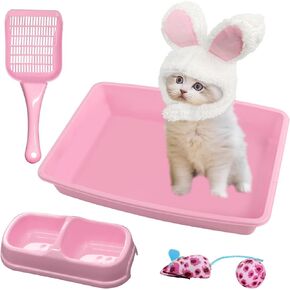 PAWISE Small Cat Litter Box, Kitten Litter Box with Cat Litter Scooper,Cat Bowls,Cat Mouse Toy and Cat Ball Toy,Kitten Starter Kit, Blue