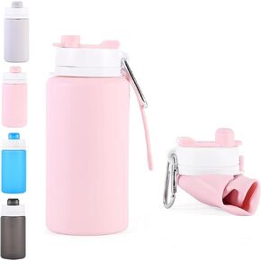 Collapsible Water Bottles 26oz with Spout & Carabiner, Odorless BPA-Free Silicone, Leak-Proof Foldable Reusable Bottle - Perfect for Travel Sports Gym Hiking Camping Cycling - Clear Blue