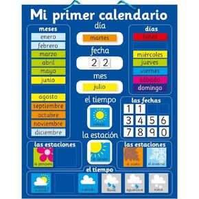 Magnetic My First Learning Calendar in Spanish. Rigid board 16" x 13", 40 x 32cm with hanging loop. Move magnets daily to show day, date, month, season and weather