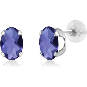 Gem Stone King 14K White Gold Blue Iolite Stud Earrings For Women (1.30 Cttw, Oval Checkerboard 7X5MM)