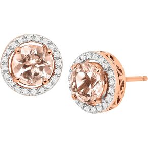 Finecraft 1 1/2 cttw Natural Morganite & 1/8 cttw Diamond Halo Stud Earrings in 14K Rose Gold
