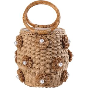 Pearl Flower Straw Woven Tote Bag Summer Beach Rattan Handle Bucket Bag Straw Purses and Handbags for Women