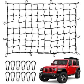 3'x 4' Cargo Net for Pickup Truck Bed Stretches to 6'x 8', Small 4" x 4" Mesh, Heavy Duty Bungee Cargo Net with 12 Metal Carabiners and Storage Bag