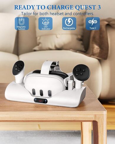 قاعدة شحن Colelulu لـ Meta Quest 3، محطة شحن مغناطيسية لسماعات الرأس وأجهزة التحكم Oculus Quest 3، مع بطاريتين قابلتين لإعادة الشحن وكابل من النوع C، ملحقات أساسية لشحن الواقع الافتراضي in Kuwait