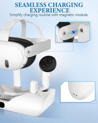 قاعدة شحن Colelulu لـ Meta Quest 3، محطة شحن مغناطيسية لسماعات الرأس وأجهزة التحكم Oculus Quest 3، مع بطاريتين قابلتين لإعادة الشحن وكابل من النوع C، ملحقات أساسية لشحن الواقع الافتراضي in Kuwait