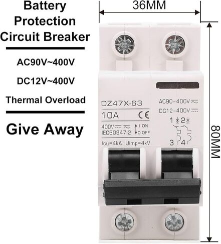 قاطع دائرة مصغر، DZ47X-63 10A 400V AC DC 2P، قاطع دائرة صغير، حامل السكك الحديدية DIN مناسب لنظام شبكة الألواح الشمسية in Saudi Arabia