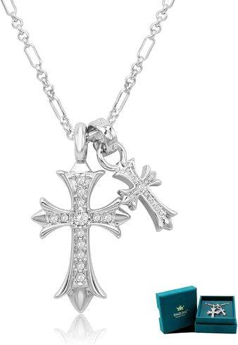Silver Cross Necklace for Women,14K Silver Double Cross Necklace Non Tarnish,Handcrafted Double Cross Pendant,Cubic Zirconia Couple Style Jewelry Birthday Valentine's Day Easter Day Gifts in Kuwait