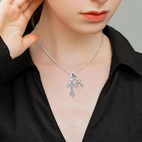 Silver Cross Necklace for Women,14K Silver Double Cross Necklace Non Tarnish,Handcrafted Double Cross Pendant,Cubic Zirconia Couple Style Jewelry Birthday Valentine's Day Easter Day Gifts in Kuwait