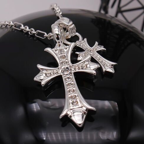 Silver Cross Necklace for Women,14K Silver Double Cross Necklace Non Tarnish,Handcrafted Double Cross Pendant,Cubic Zirconia Couple Style Jewelry Birthday Valentine's Day Easter Day Gifts in Kuwait