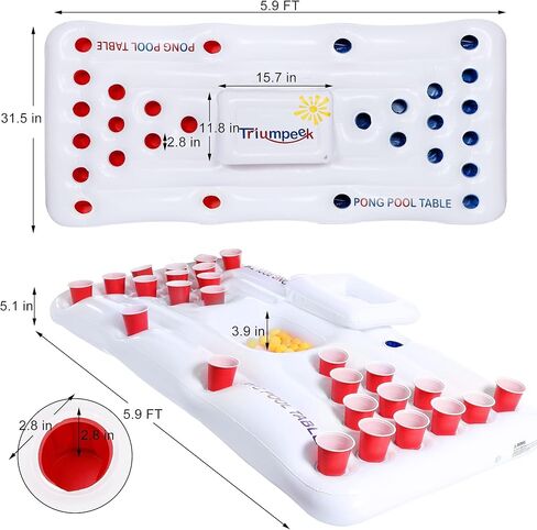 Triumpeek Inflatable Pool Game Table Float, 6FT Blow Up Floating Pool Game Raft Lounge, Fun Pool Party Game Table for Adults, Cups & Balls NOT Included in Saudi Arabia