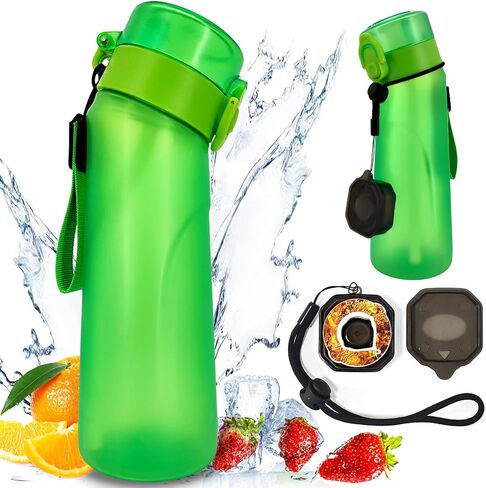 زجاجة ماء هوائية مع كبسولات نكهة، كوب ماء برائحة 750 مل مع علبة كبسولات نكهة، زجاجة مياه معطرة بنسبة 0% سكر مناسبة للرياضات الخارجية (أخضر+1 كبسولة) in Kuwait