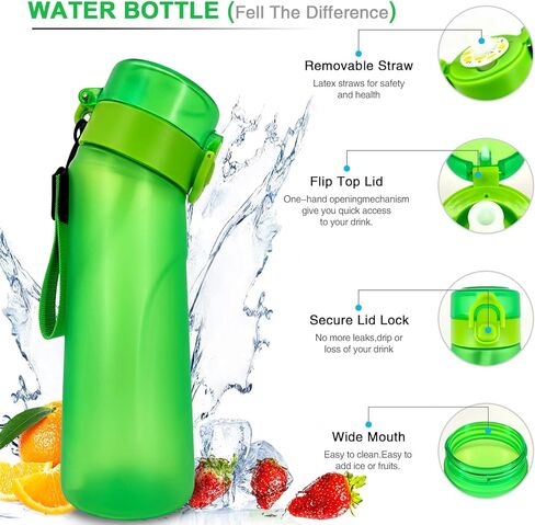 زجاجة ماء هوائية مع كبسولات نكهة، كوب ماء برائحة 750 مل مع علبة كبسولات نكهة، زجاجة مياه معطرة بنسبة 0% سكر مناسبة للرياضات الخارجية (أخضر+1 كبسولة) in Kuwait