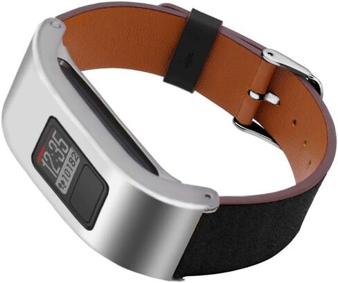 DuiGong Leather Strap Compatible for Garmin vivofit 3 Replacement Band with Silver Stainless Steel Protector Case, S/M & M/L (Black) in Saudi Arabia