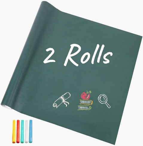 ورق لاصق للسبورة الخضراء، بكرتان مقاس 17.7 بوصة × 78.7 بوصة، ملصق جداري لاصق من الفينيل قابل للإزالة، قابل للتقشير واللصق، مع 10 طباشير ملونة إضافية in Kuwait