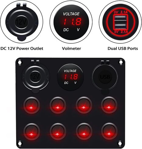 12v 8 Gang Waterproof Toggle Switch Panel, KAOLALI Marine Ignition Rocker Switch Panel USB ON-Off Toggle Switch Multi-Functions Panel for RV Car Boat Vehicle (Blue LED) in Saudi Arabia