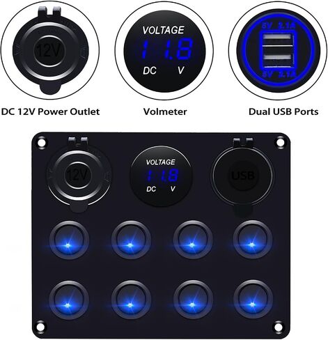12v 8 Gang Waterproof Toggle Switch Panel, KAOLALI Marine Ignition Rocker Switch Panel USB ON-Off Toggle Switch Multi-Functions Panel for RV Car Boat Vehicle (Blue LED) in Saudi Arabia