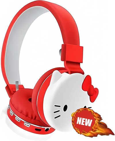 Cartoon Headphones Kawaii Foldable Over-Ear Stereo Girls and Teenage Girls Bluetooth Headphones for Pc/Laptop/Tablet (Red) in Saudi Arabia