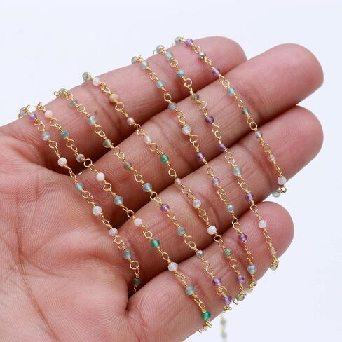 Rare Gemstone | Natural Turquoise Chalcedony Rosary Chain, 24K Gold Plated Beaded Chain Rosary Style Size - 1 MM, 3 Foot Gemstone Rosary Chain for Jewelry Making, Gemstone Handmade Stone Chain(RC-20) in Saudi Arabia