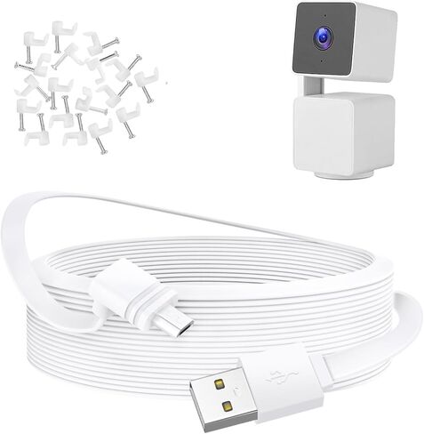 كابل تمديد USB صغير بطول 20 قدم/6.1 متر متوافق مع WYZE Cam Pan V3، كابل طاقة مسطح 90 درجة لشحن WYZE Cam Pan V3 بشكل مستمر، سلك طاقة بتصميم مقاوم للماء - أبيض... in Kuwait