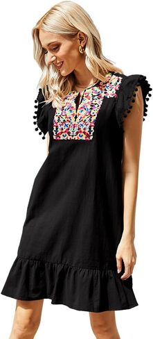 Women's Boho Babydoll Dress Flutter Sleeve V Neck Embroidered Ruffle Mini Dress Mexican Fiesta Dress in Saudi Arabia