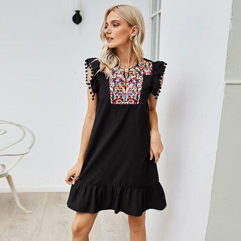 Women's Boho Babydoll Dress Flutter Sleeve V Neck Embroidered Ruffle Mini Dress Mexican Fiesta Dress in Saudi Arabia