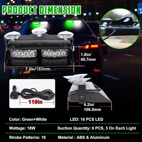 2 في 1 LED داش ستروب ضوء داخلي تحذير الزجاج الأمامي ضوء الطوارئ للمركبات مع أكواب الشفط، 2 × 7.2 بوصة سيارة LED ضوء أمان منارة ضوء ستروب للشاحنات والسيارات (أخضر أبيض) in Kuwait