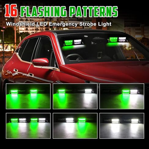 2 في 1 LED داش ستروب ضوء داخلي تحذير الزجاج الأمامي ضوء الطوارئ للمركبات مع أكواب الشفط، 2 × 7.2 بوصة سيارة LED ضوء أمان منارة ضوء ستروب للشاحنات والسيارات (أخضر أبيض) in Kuwait