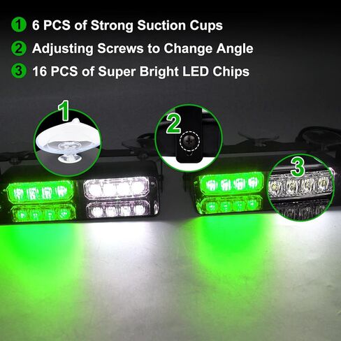 2 في 1 LED داش ستروب ضوء داخلي تحذير الزجاج الأمامي ضوء الطوارئ للمركبات مع أكواب الشفط، 2 × 7.2 بوصة سيارة LED ضوء أمان منارة ضوء ستروب للشاحنات والسيارات (أخضر أبيض) in Kuwait