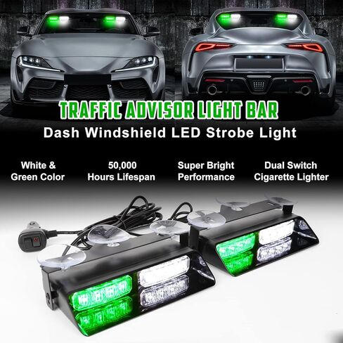 2 في 1 LED داش ستروب ضوء داخلي تحذير الزجاج الأمامي ضوء الطوارئ للمركبات مع أكواب الشفط، 2 × 7.2 بوصة سيارة LED ضوء أمان منارة ضوء ستروب للشاحنات والسيارات (أخضر أبيض) in Kuwait
