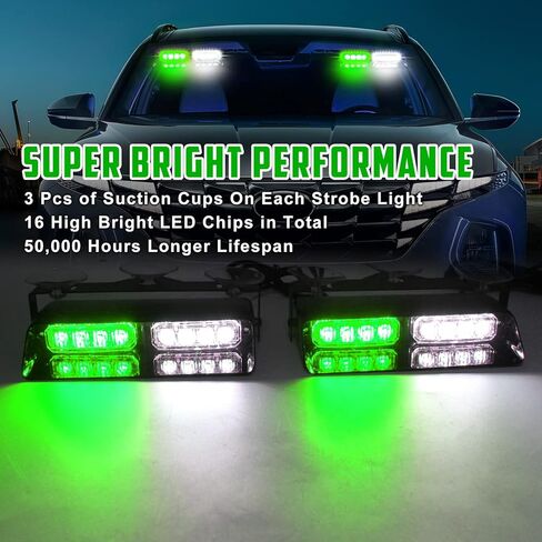 2 في 1 LED داش ستروب ضوء داخلي تحذير الزجاج الأمامي ضوء الطوارئ للمركبات مع أكواب الشفط، 2 × 7.2 بوصة سيارة LED ضوء أمان منارة ضوء ستروب للشاحنات والسيارات (أخضر أبيض) in Kuwait