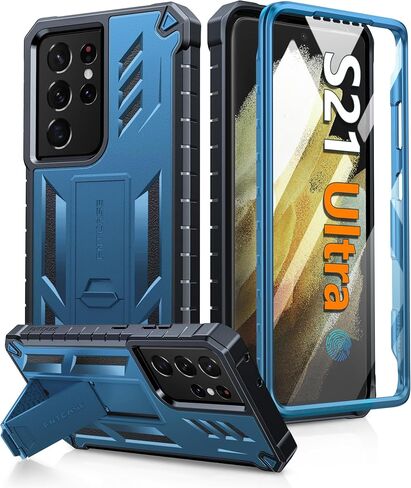 حافظة FNTCASE لهاتف Samsung Galaxy S21-Ultra: غطاء هاتف خلوي متين من الدرجة العسكرية مع مسند | مصد حماية من مادة TPU مقاوم للصدمات، تصميم مزخرف غير لامع لحافظات Samsung S21 Ultra مقاس 6.8 بوصات (أسود) in Kuwait