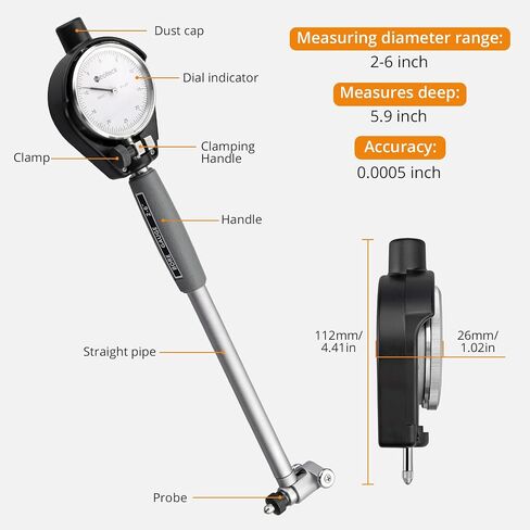 Neoteck Dial Bore Gauge 2"-6"/0.001" Extender Dial Bore Gauge Set Self-Centering Bore Gauge Set with Carbide Anvils, Chrome Plated Handle & Insulated Grips, Case for Deep Engine Cylinder Measurement in Saudi Arabia