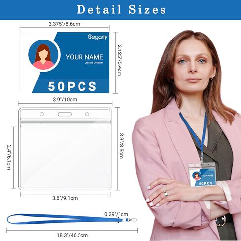 Segarty Lanyards مع حامل هوية، 50 حزمة من حاملات شارات الاسم الأفقية، حبال حزام زرقاء لشارات الهوية، شارة بلاستيكية زيبلوك شفافة مقاومة للماء للأعمال والطلاب والمدرسة والمكتب in Kuwait
