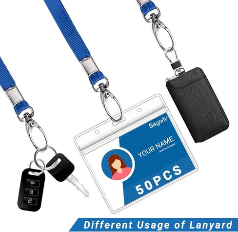 Segarty Lanyards مع حامل هوية، 50 حزمة من حاملات شارات الاسم الأفقية، حبال حزام زرقاء لشارات الهوية، شارة بلاستيكية زيبلوك شفافة مقاومة للماء للأعمال والطلاب والمدرسة والمكتب in Kuwait