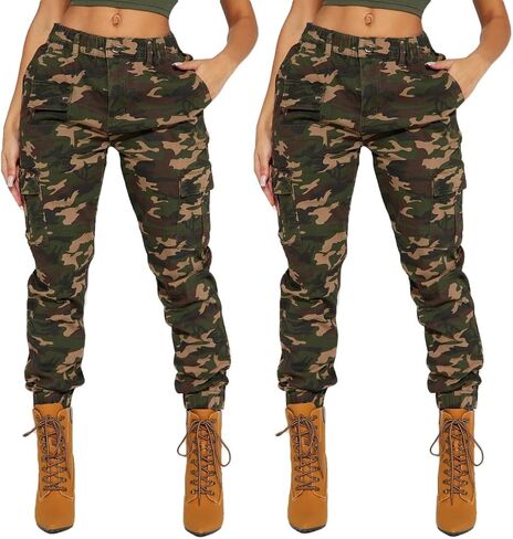 Women's Camo Cargo Jogger Pants – Slim Fit Army High Waisted Fatigue Elastic Waistband Tapered Camouflage Sweatpants in Saudi Arabia